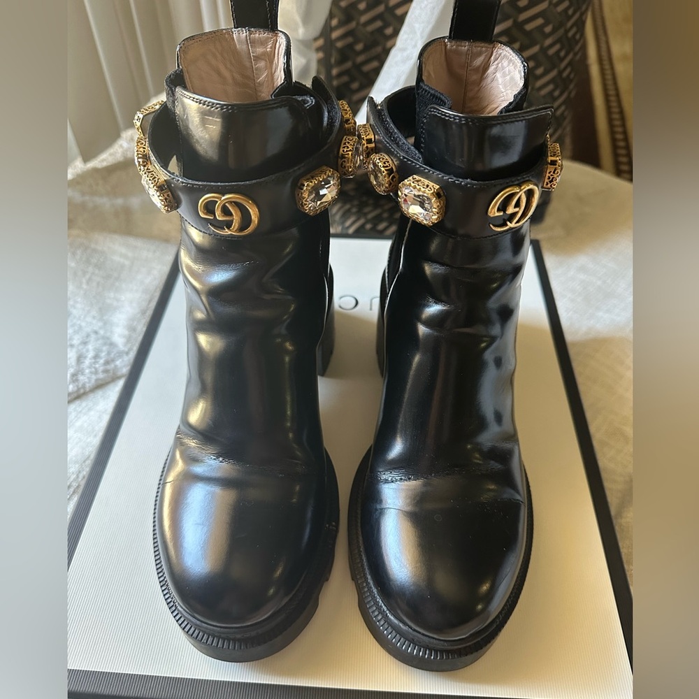 Preloved gucci combat boots with removable jewels straps